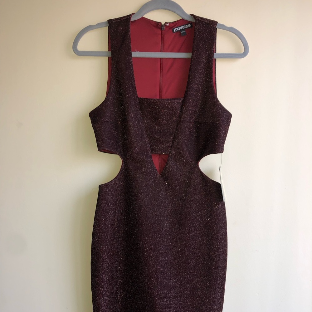 Express Dress Red Glitter Sparkles Sleeveless Fitted Cut Out Dress
